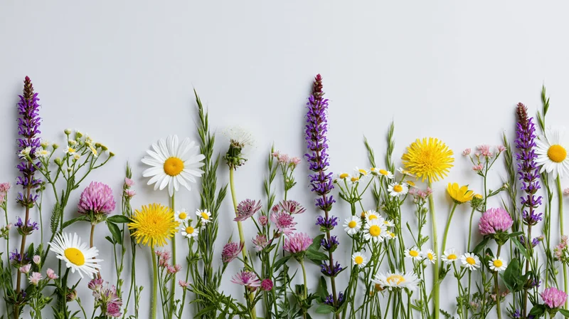 Assorted wildflowers and meadow grasses arranged in a loose border against a white background