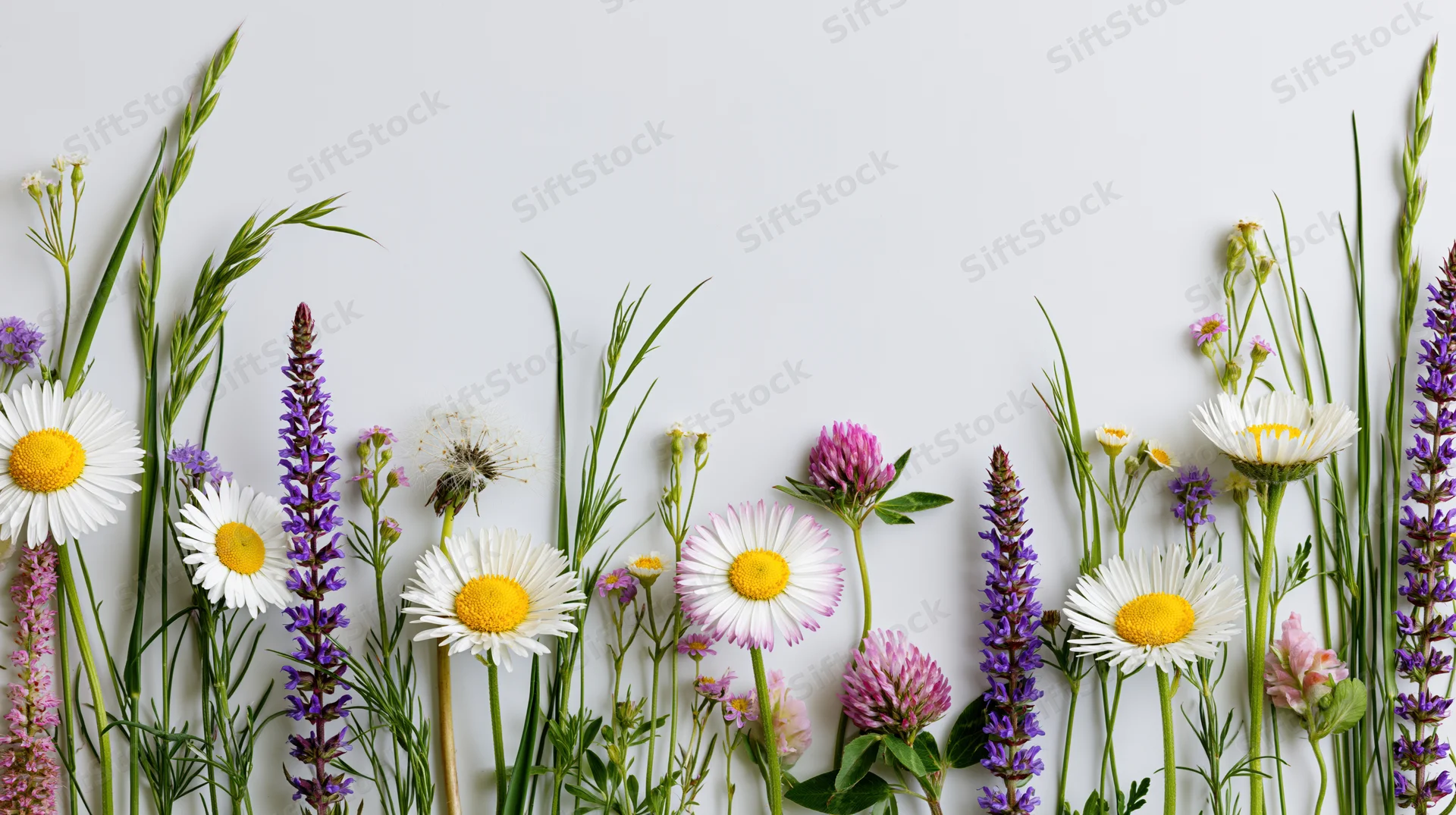 Assorted wildflowers and meadow grasses arranged in a flat lay on a white surface with copyspace
