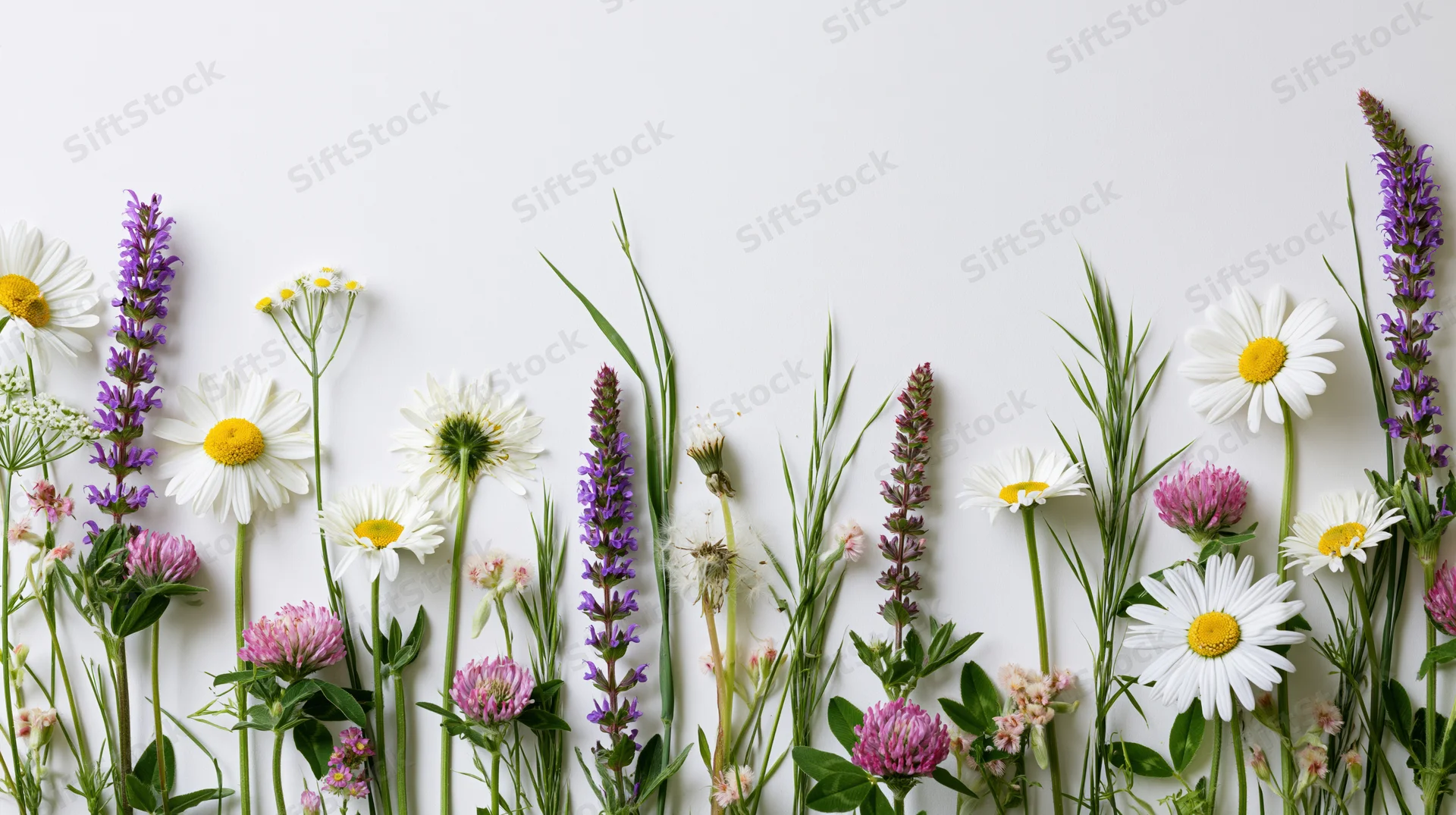 Assorted wildflowers and meadow grasses arranged in a flat lay against a white background