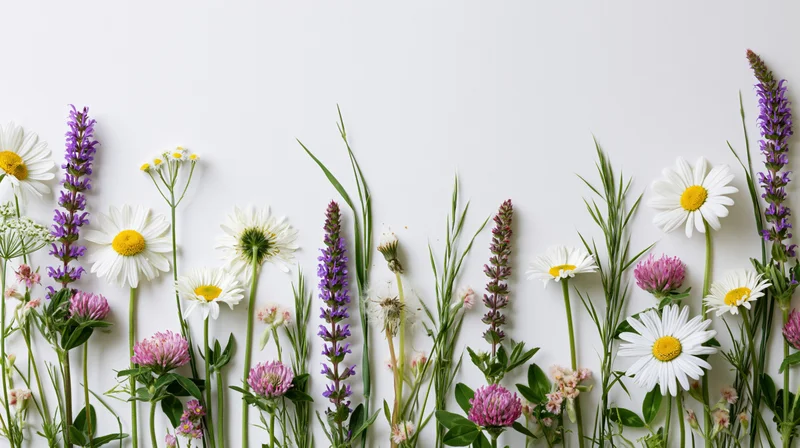 Assorted wildflowers and meadow grasses arranged in a flat lay against a white background
