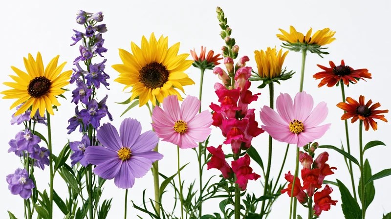 Assorted wildflowers arranged in a loose row against a clean white background