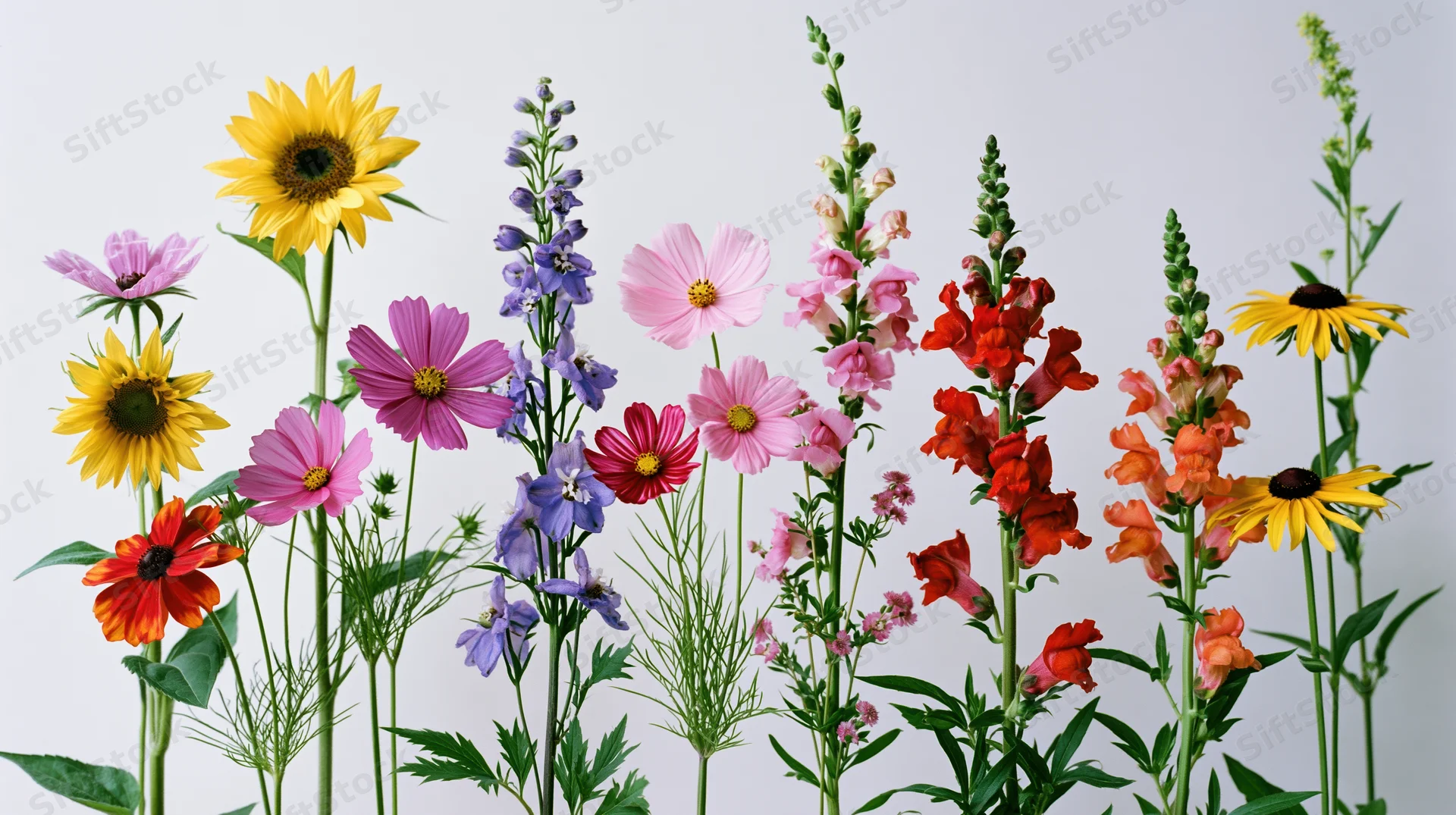 Assorted wildflowers arranged in a loose row against a clean white background