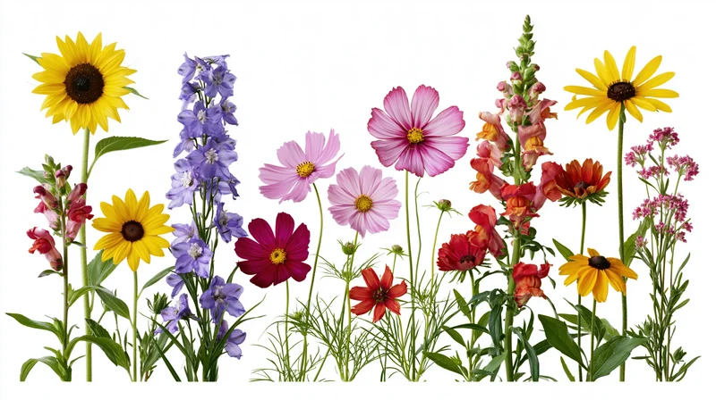 Assorted wildflowers arranged in a loose row against a clean white background