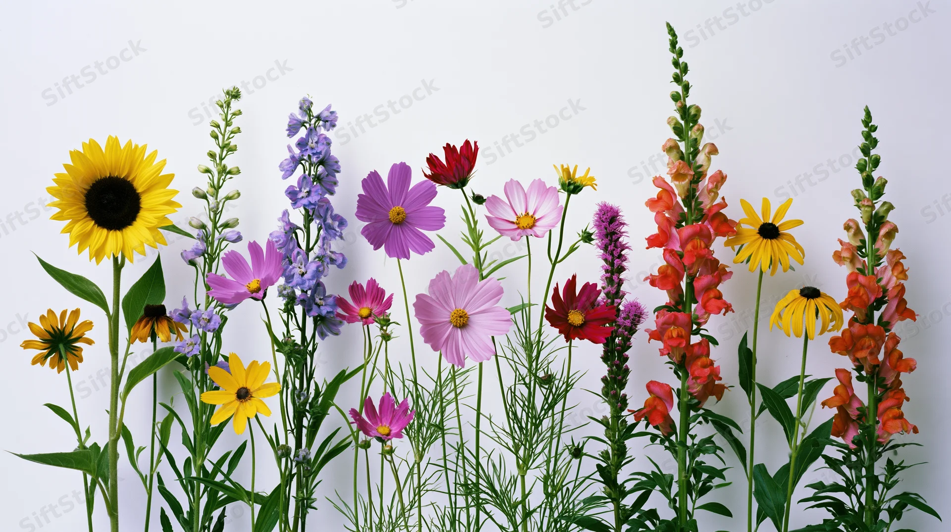 Assorted wildflowers arranged in a loose row against a clean white background