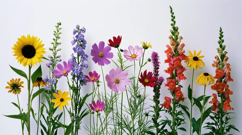 Assorted wildflowers arranged in a loose row against a clean white background