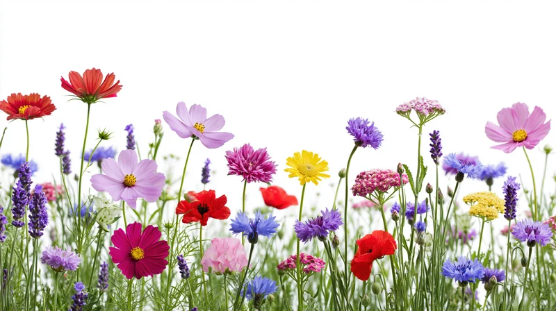 Assorted wildflowers growing in a dense row against a pure white background