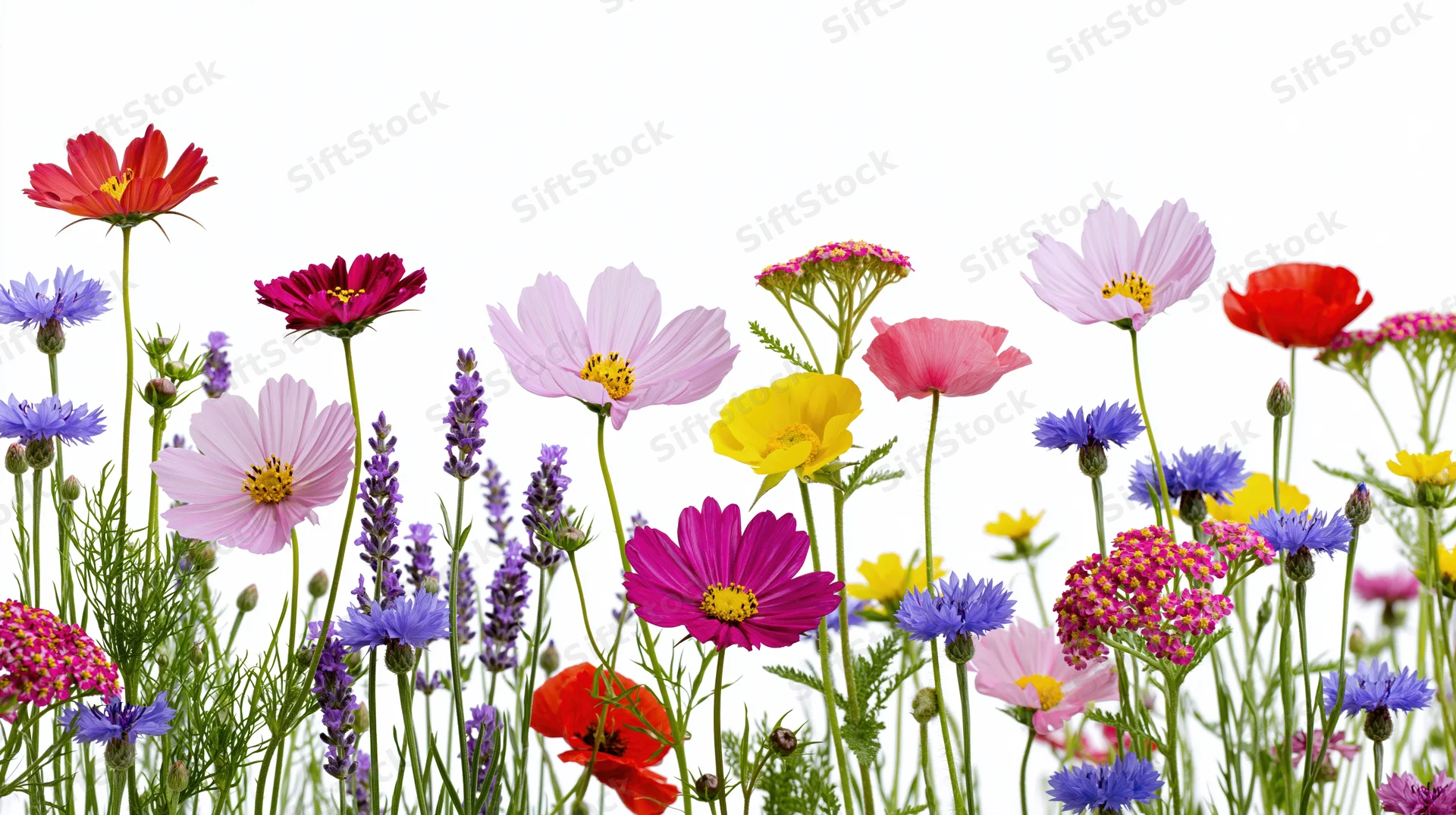 Assorted wildflowers growing in a dense row against a pure white background