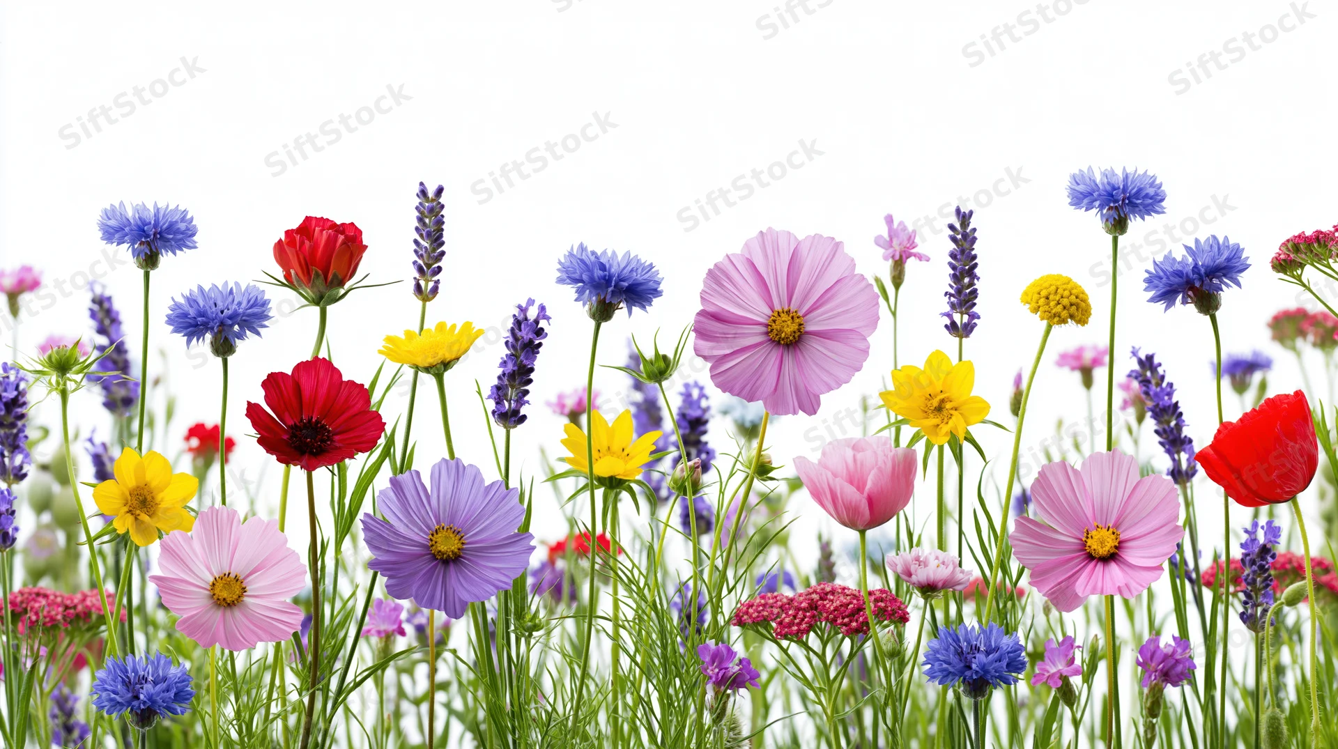 Assorted wildflowers growing in a dense row against a pure white background