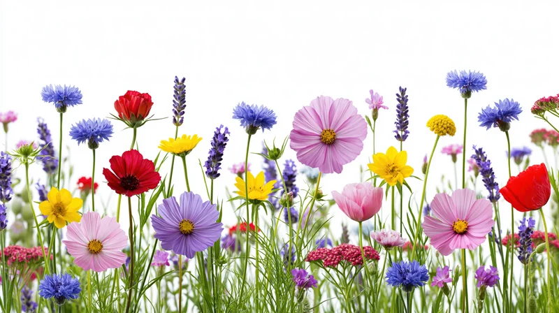 Assorted wildflowers growing in a dense row against a pure white background