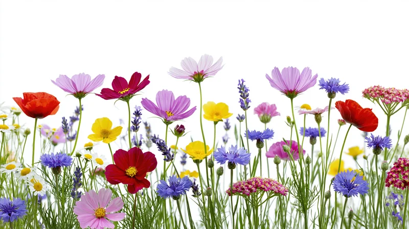 Assorted wildflowers growing in a dense row against a pure white background
