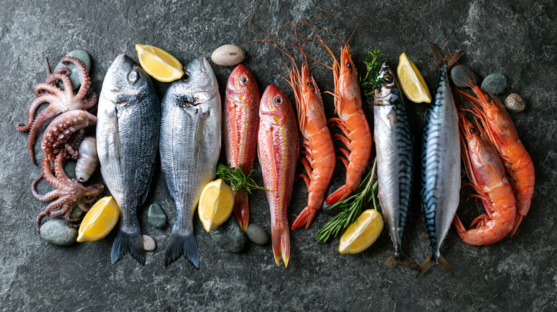Raw fresh seafood arranged in a horizontal band on dark stone surface with lemon and herbs