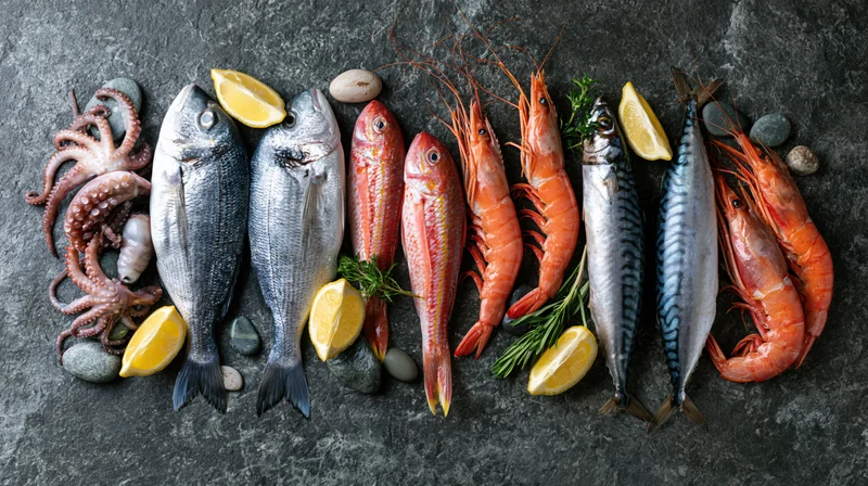 Raw fresh seafood arranged in a horizontal band on dark stone surface with lemon and herbs