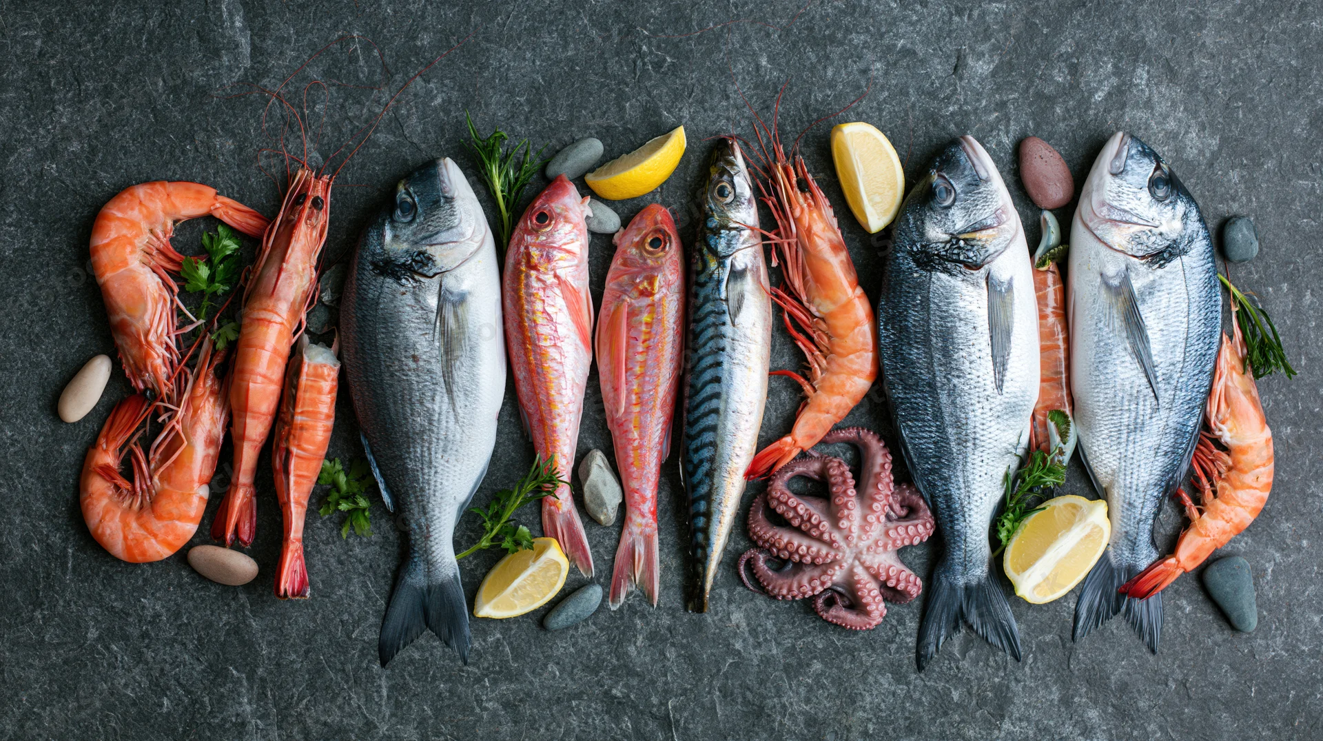 Raw fresh seafood arranged in a horizontal band on dark slate surface