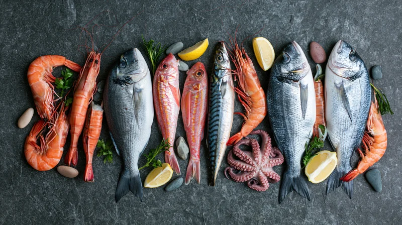 Raw fresh seafood arranged in a horizontal band on dark slate surface