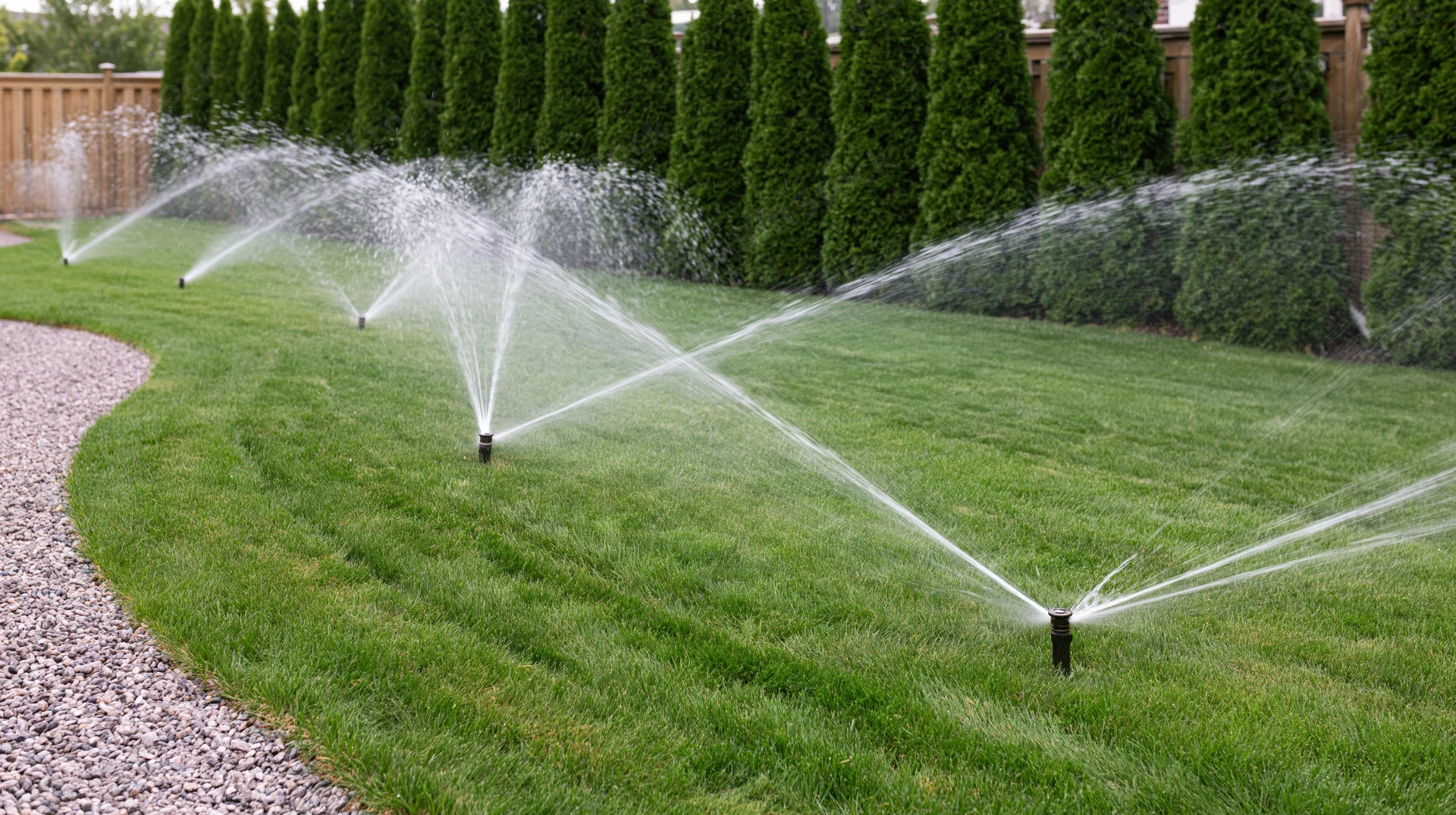 Automatic sprinkler heads spraying water arcs across a green lawn in a residential backyard