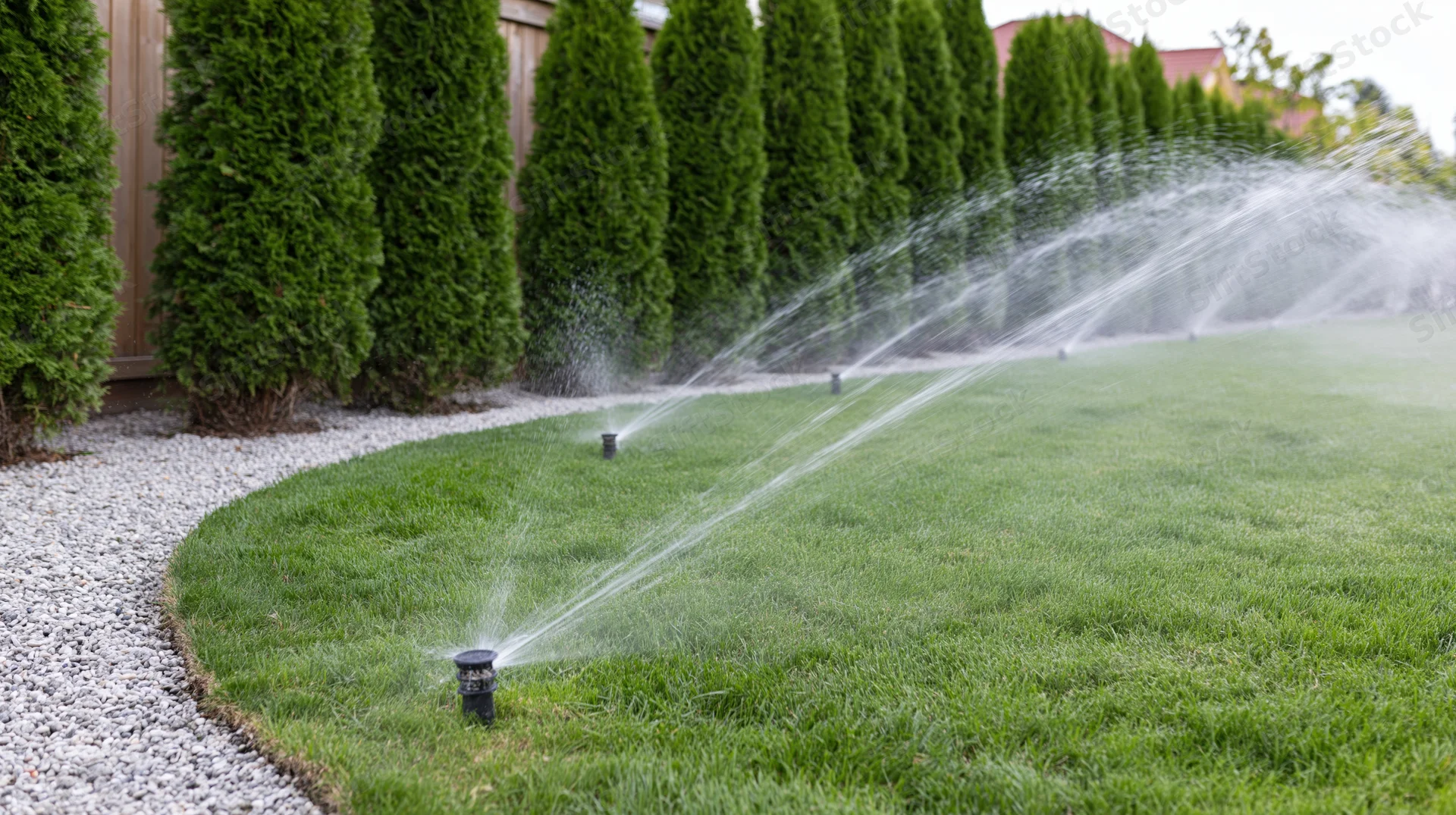 Automatic sprinkler heads spraying water arcs across a green lawn in a residential backyard