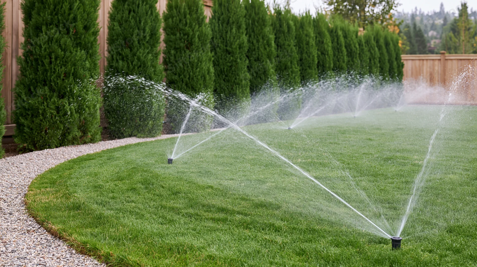 Automatic sprinkler heads spraying water arcs across a green lawn in a backyard garden