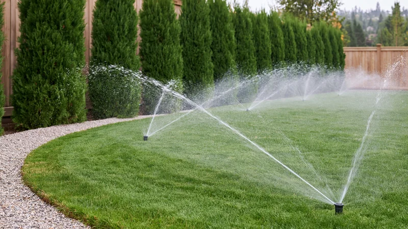 Automatic sprinkler heads spraying water arcs across a green lawn in a backyard garden