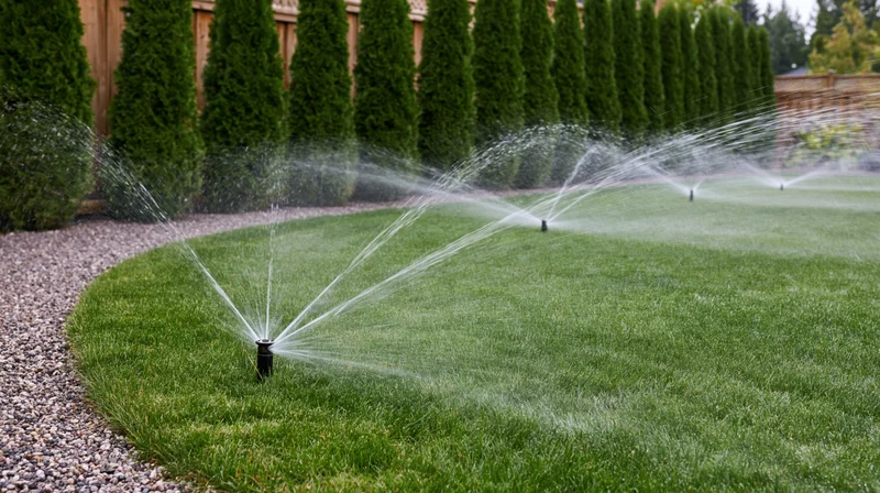 Automatic sprinkler heads spraying water arcs across a green lawn in a residential backyard