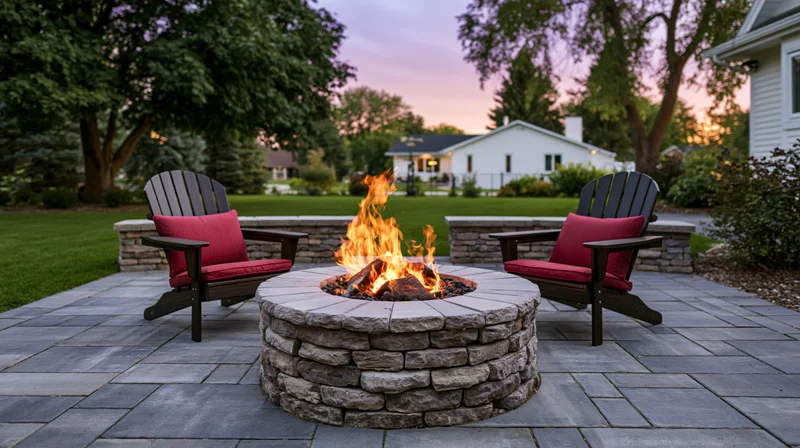 Round stone firepit burning on a paved backyard patio with two adirondack chairs and red cushions at twilight