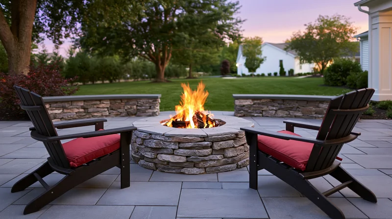 Round stacked-stone fire pit burning on a backyard patio with two adirondack chairs and red cushions at twilight