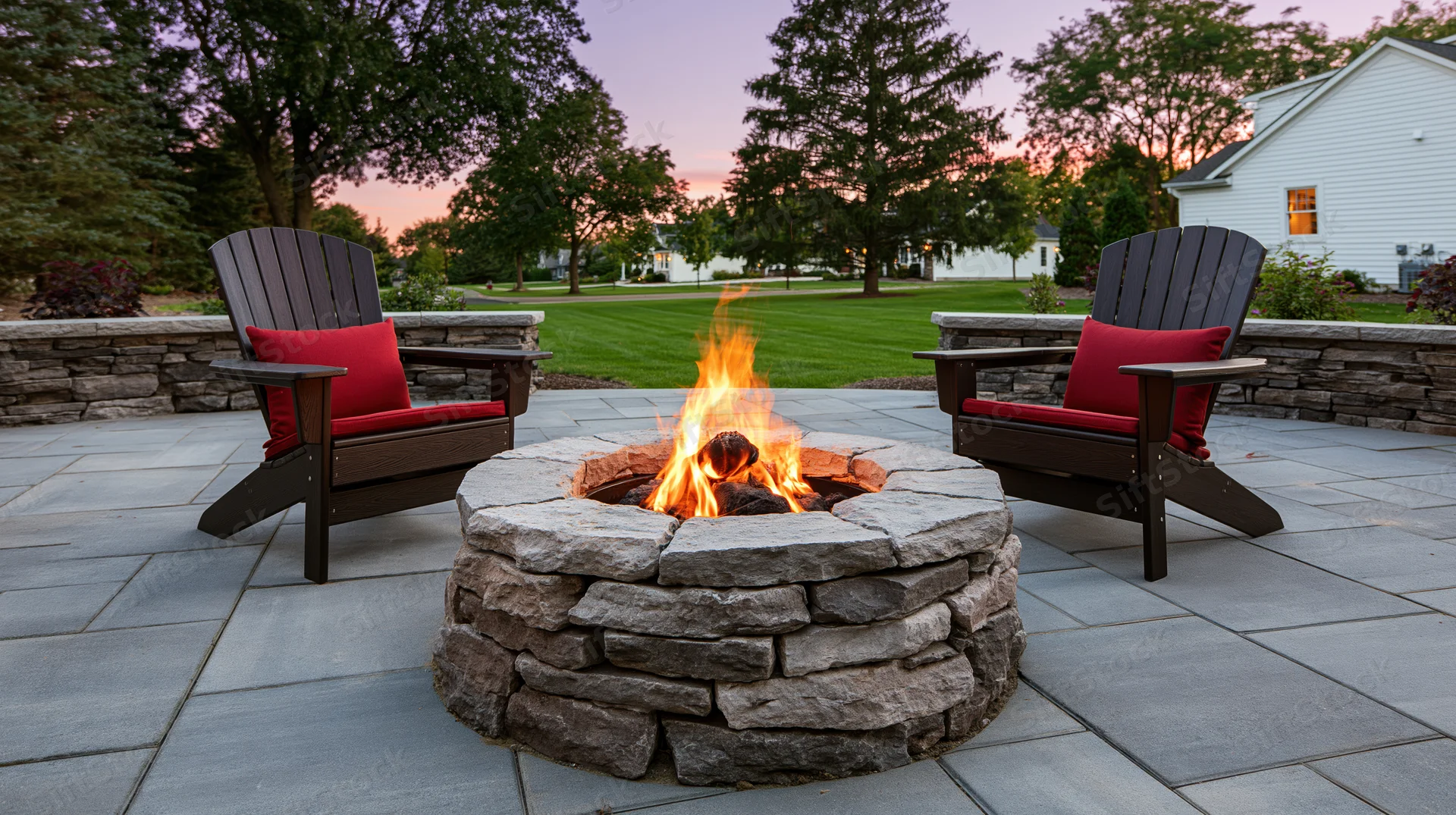 Round stone firepit burning on a paved backyard patio with two adirondack chairs and red cushions, surrounded by trees and a house at dusk