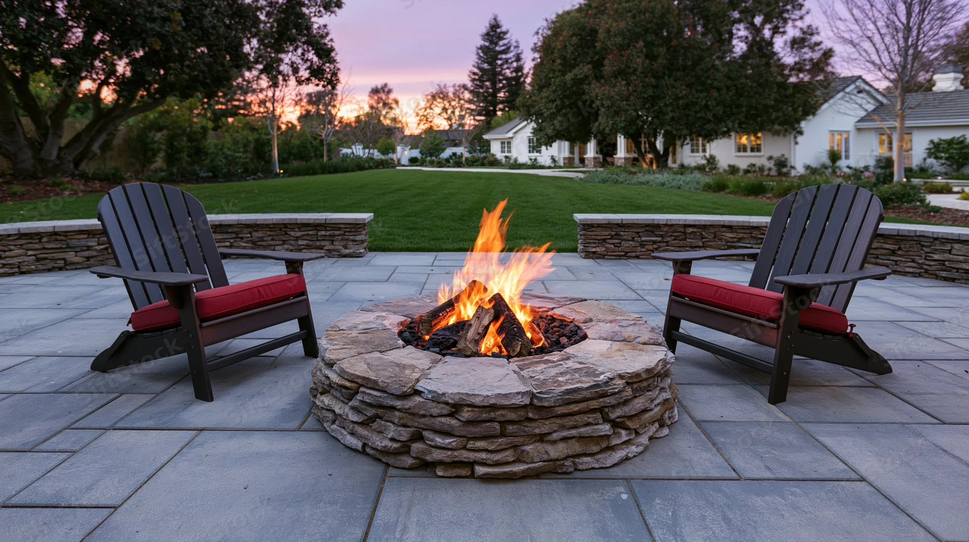 Round stone fire pit burning on a paved backyard patio with two adirondack chairs and red cushions at dusk