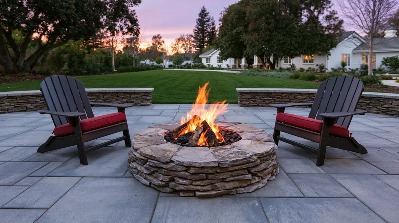Round stone fire pit burning on a paved backyard patio with two adirondack chairs and red cushions at dusk