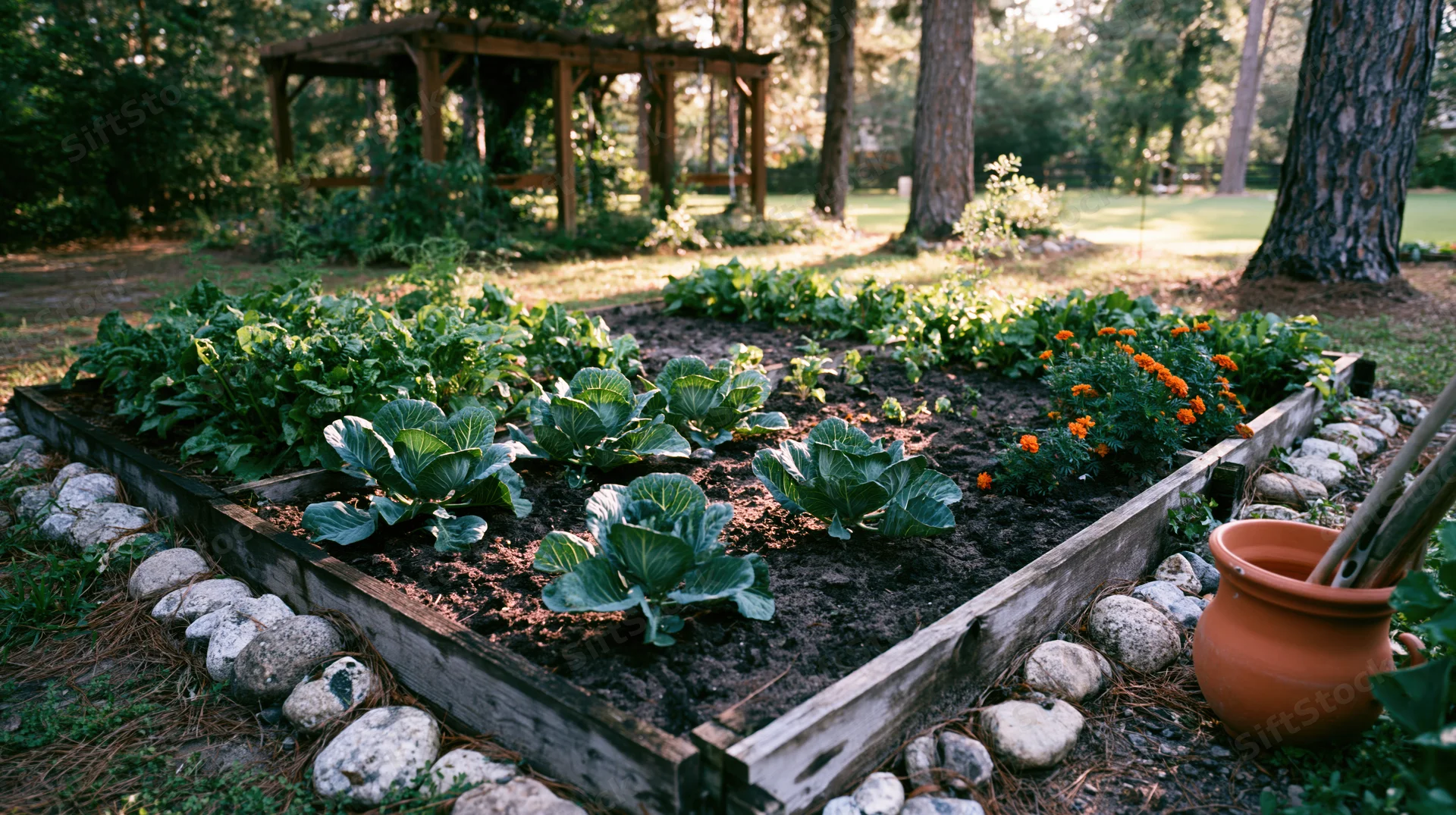 Raised wooden garden bed with cabbage and marigolds in a backyard setting