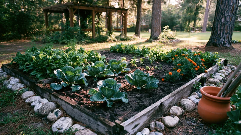 Raised wooden garden bed with cabbage and marigolds in a backyard setting