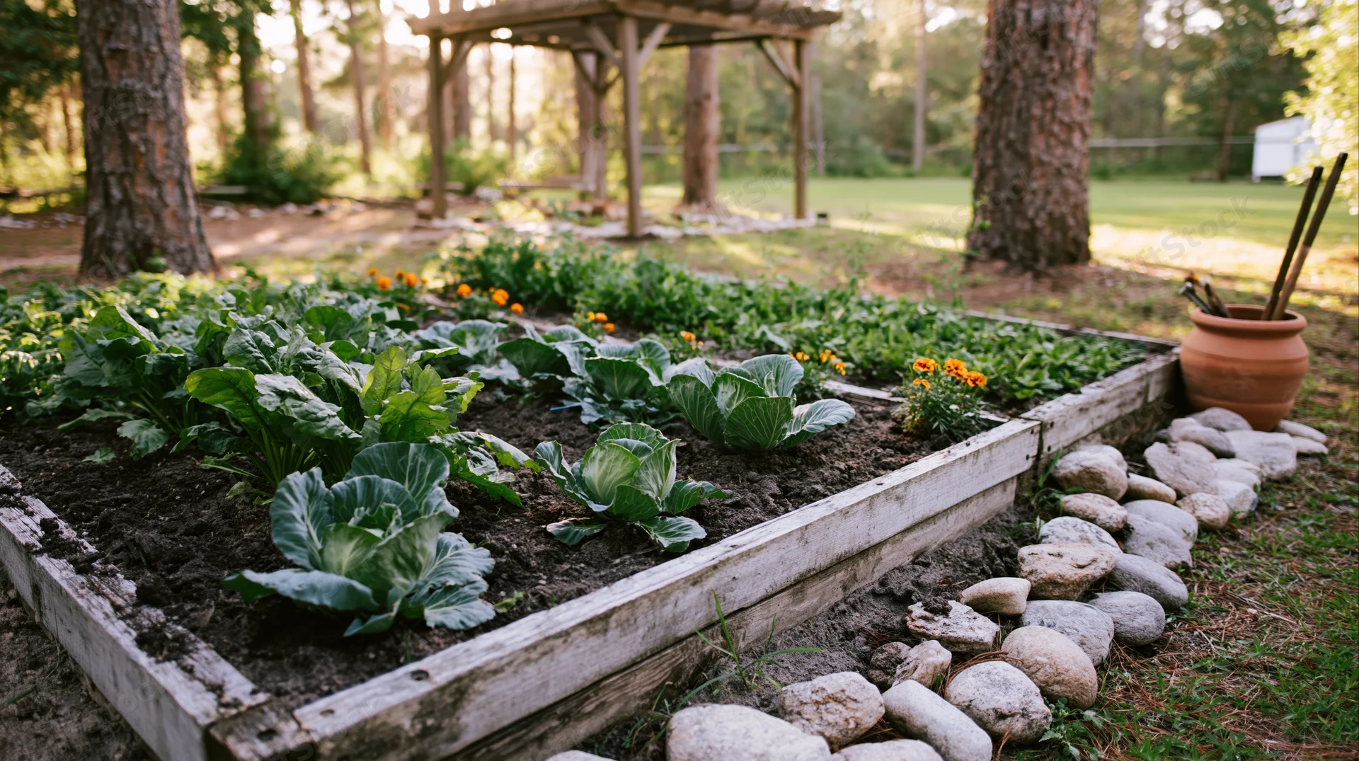 Raised wooden garden beds with cabbage and lettuce in a backyard surrounded by trees and a pergola