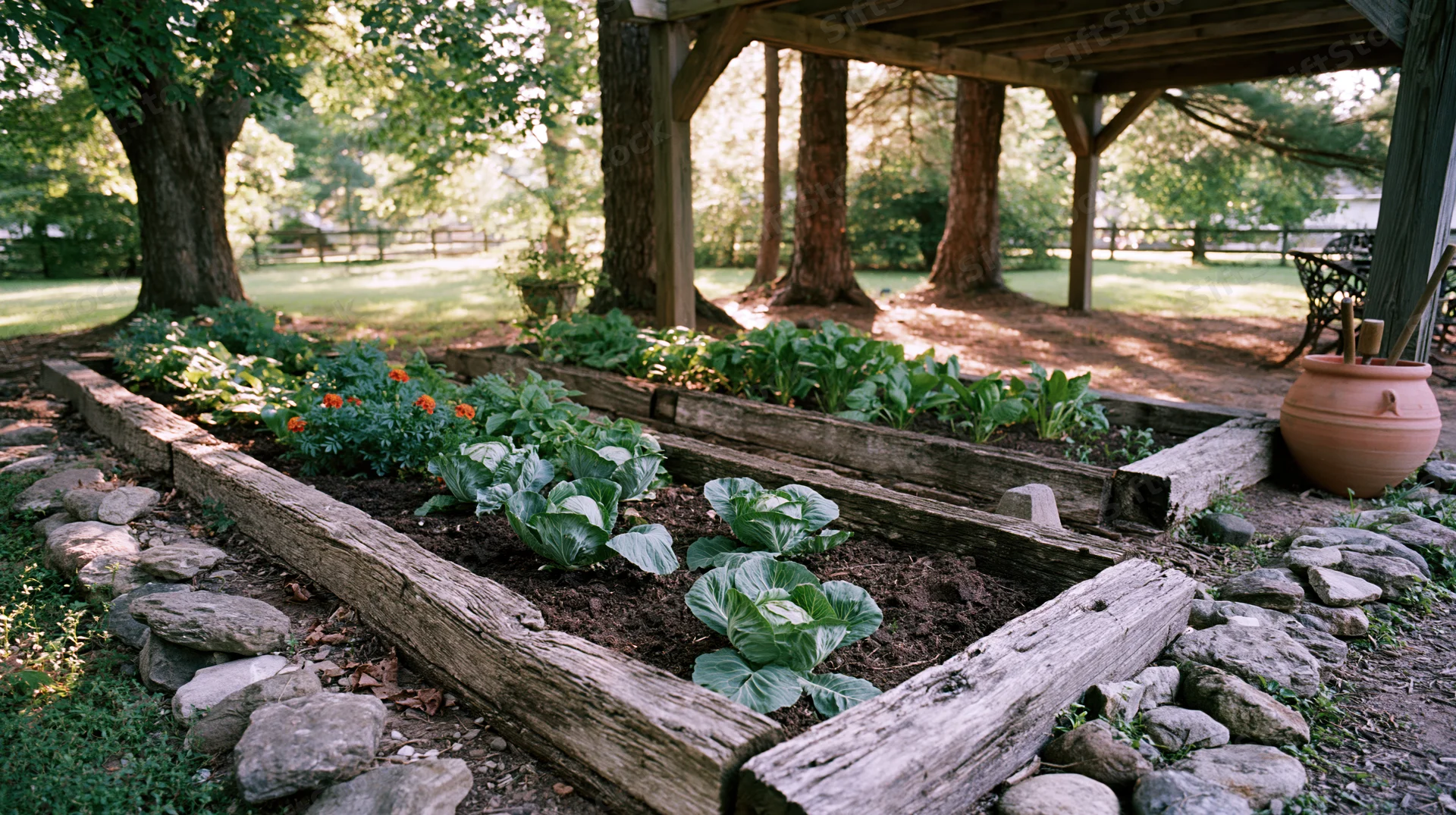 Raised wooden garden beds with cabbage and leafy greens in a shaded backyard setting