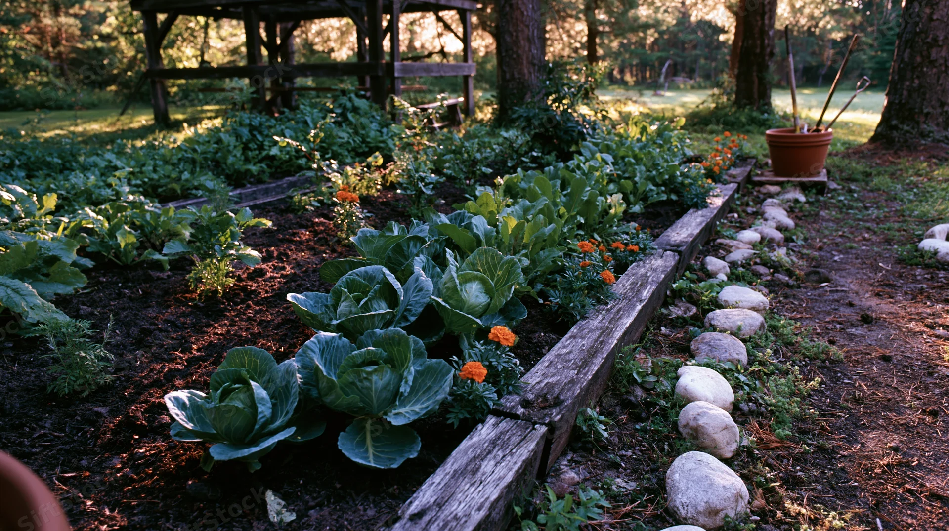 Raised wooden garden beds with cabbage and marigolds in a backyard setting