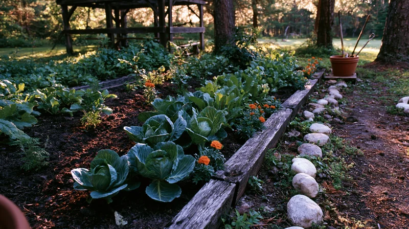 Raised wooden garden beds with cabbage and marigolds in a backyard setting