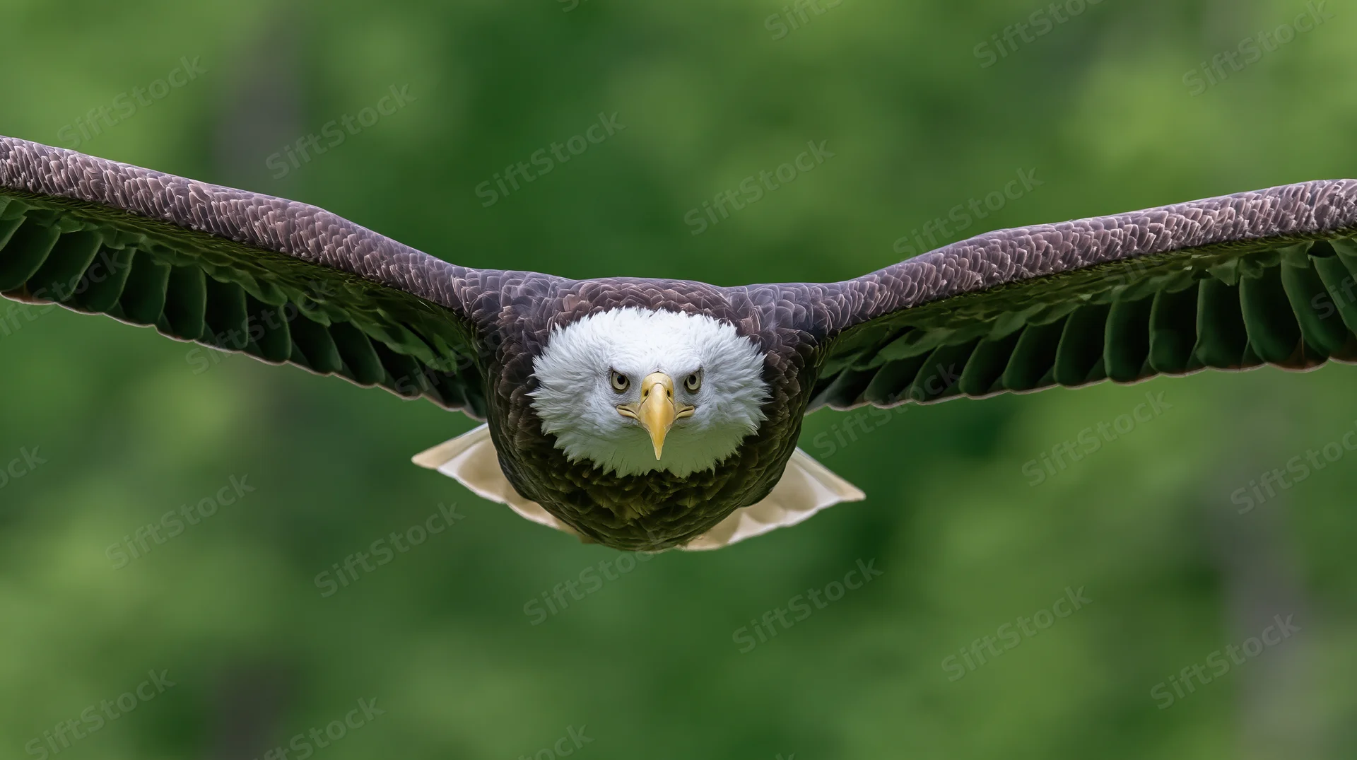 Bald eagle flying directly toward camera with wings fully spread against green forest background