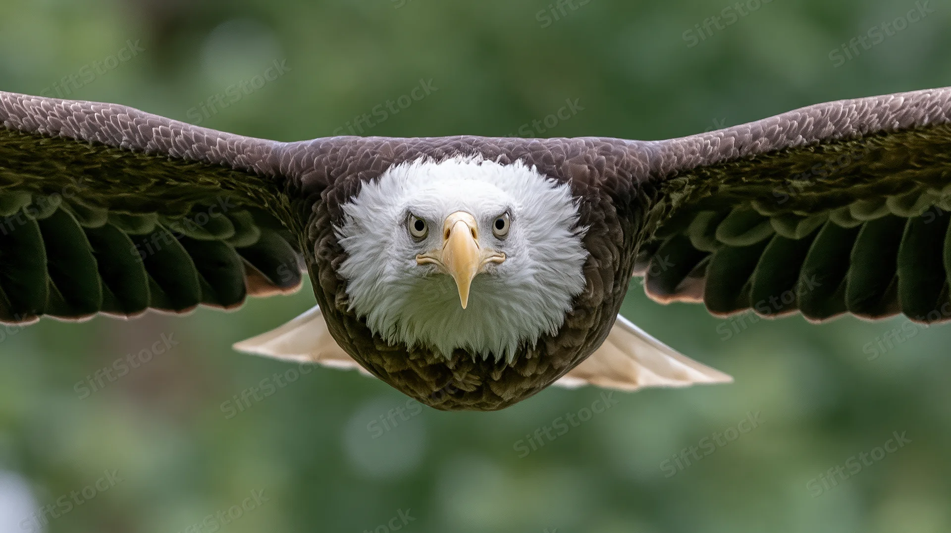 Bald eagle flying directly toward camera with wings fully spread and white head visible against blurred green background