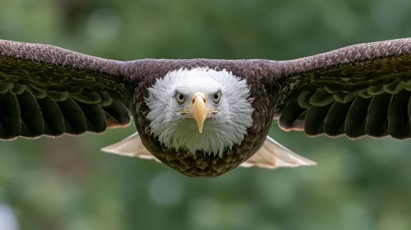 Bald eagle flying directly toward camera with wings fully spread and white head visible against blurred green background