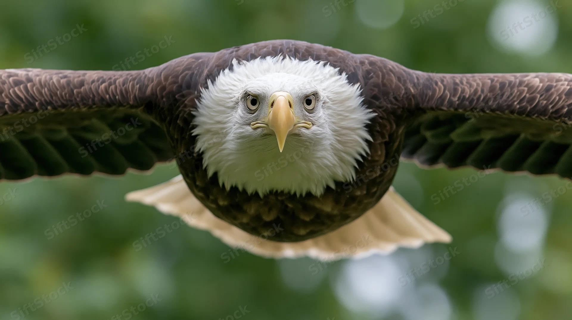 Bald eagle flying directly toward camera with wings fully spread in forest setting