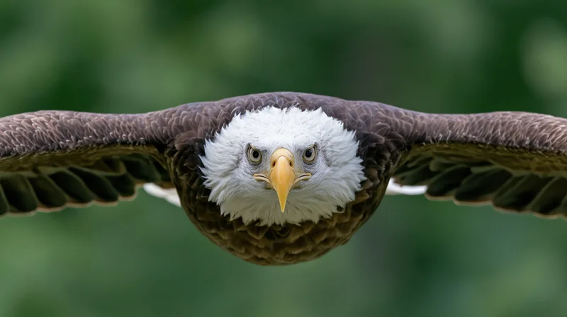 Bald eagle flying directly toward camera with wings fully spread, head on, in forested background