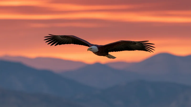 Bald eagle soaring with wings fully extended against a sunset sky over mountains