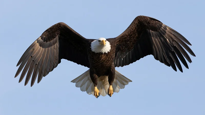 Bald eagle in mid-flight with wings fully spread and talons extended against clear blue sky