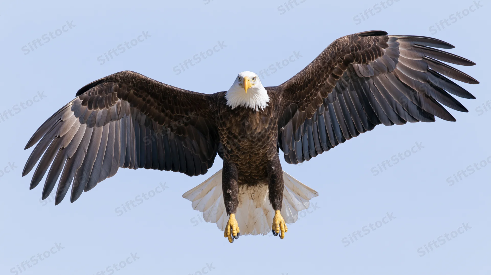 Bald eagle in mid-flight with wings fully spread and talons extended against a clear blue sky