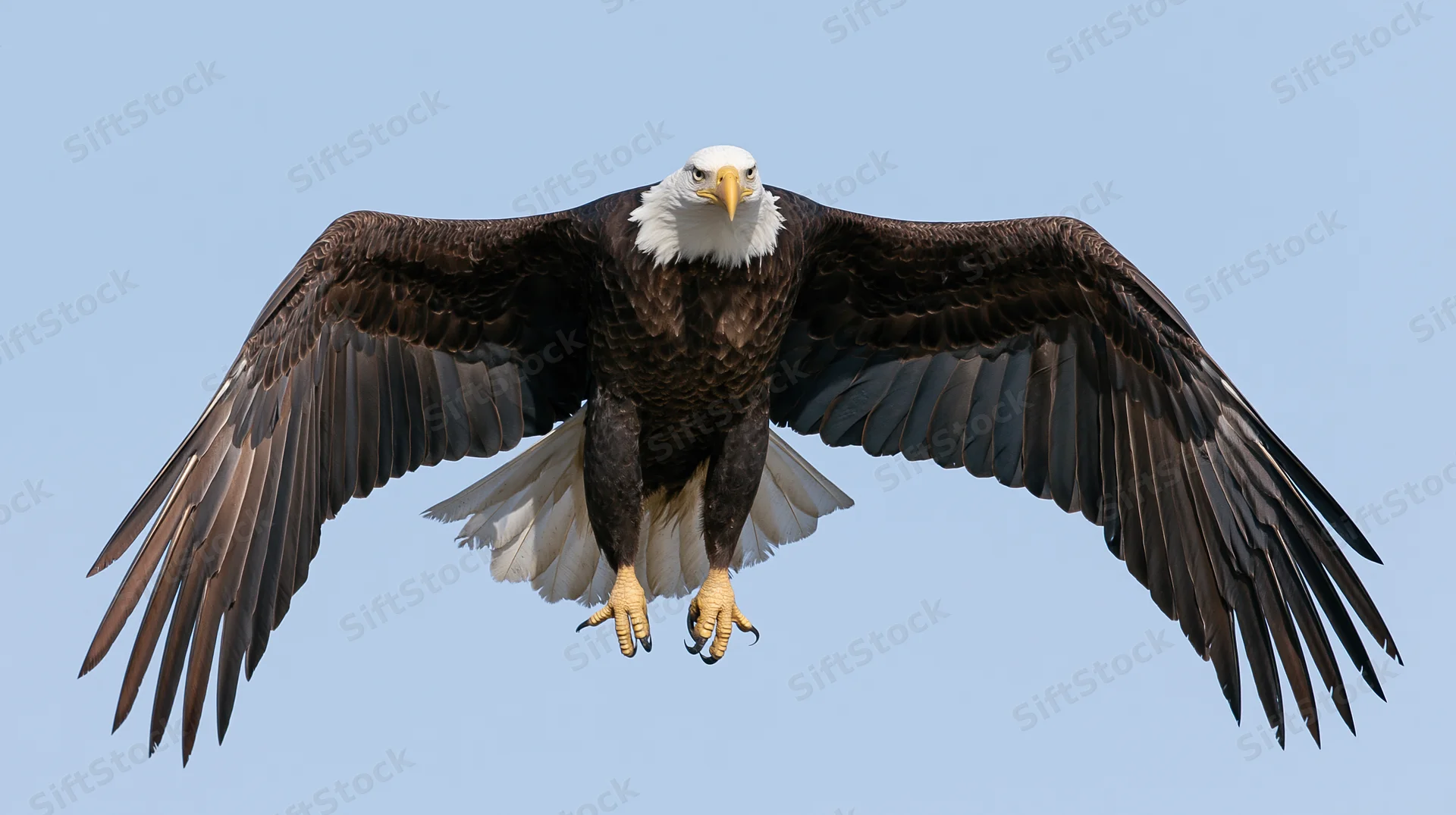 Bald eagle in mid-flight with wings fully spread and talons extended against a clear blue sky