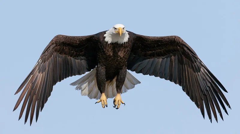 Bald eagle in mid-flight with wings fully spread and talons extended against a clear blue sky