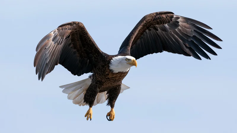 Bald eagle in mid-flight with wings fully spread and talons extended against a clear blue sky