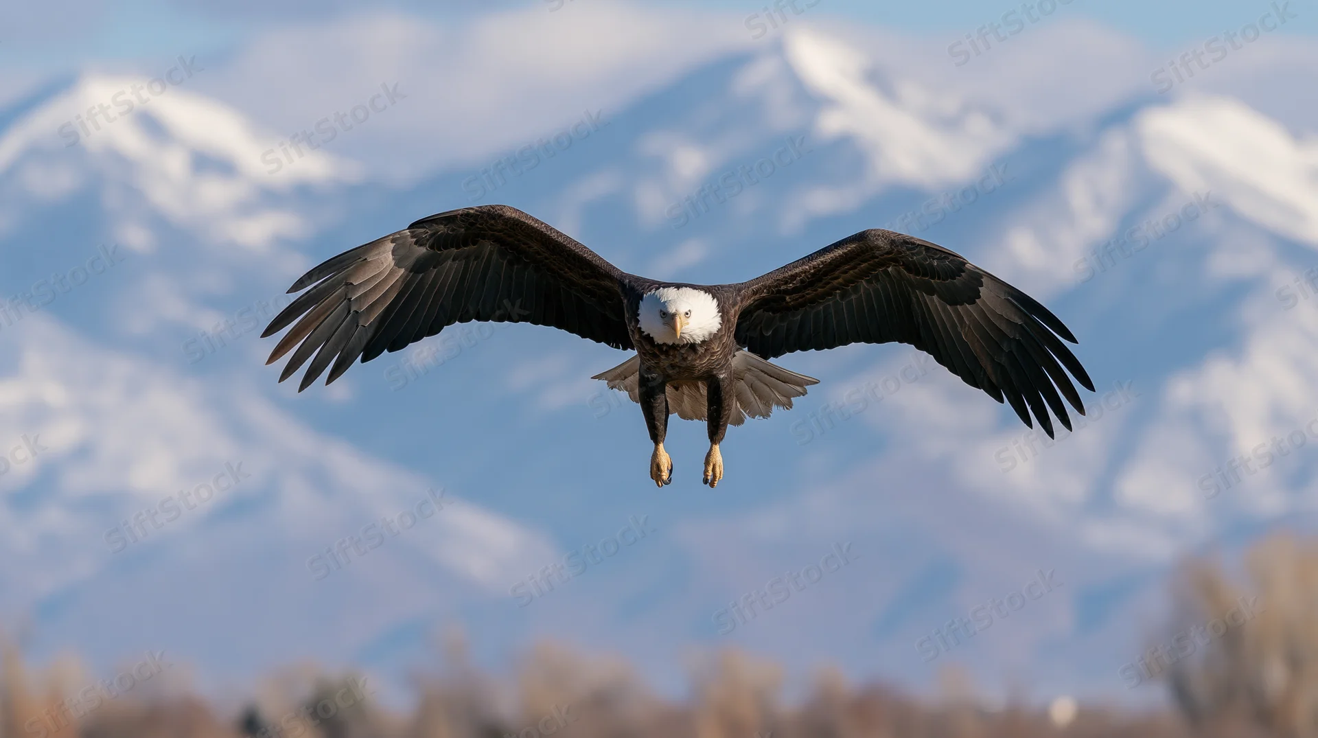 Bald eagle soaring with wings fully spread and talons extended against snow-capped mountains