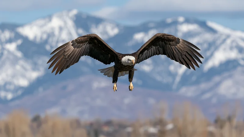 Bald eagle in mid-flight with wings fully spread and talons extended against snow-capped mountains