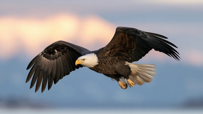 Bald eagle in mid-flight with wings fully spread against a soft sky at dusk