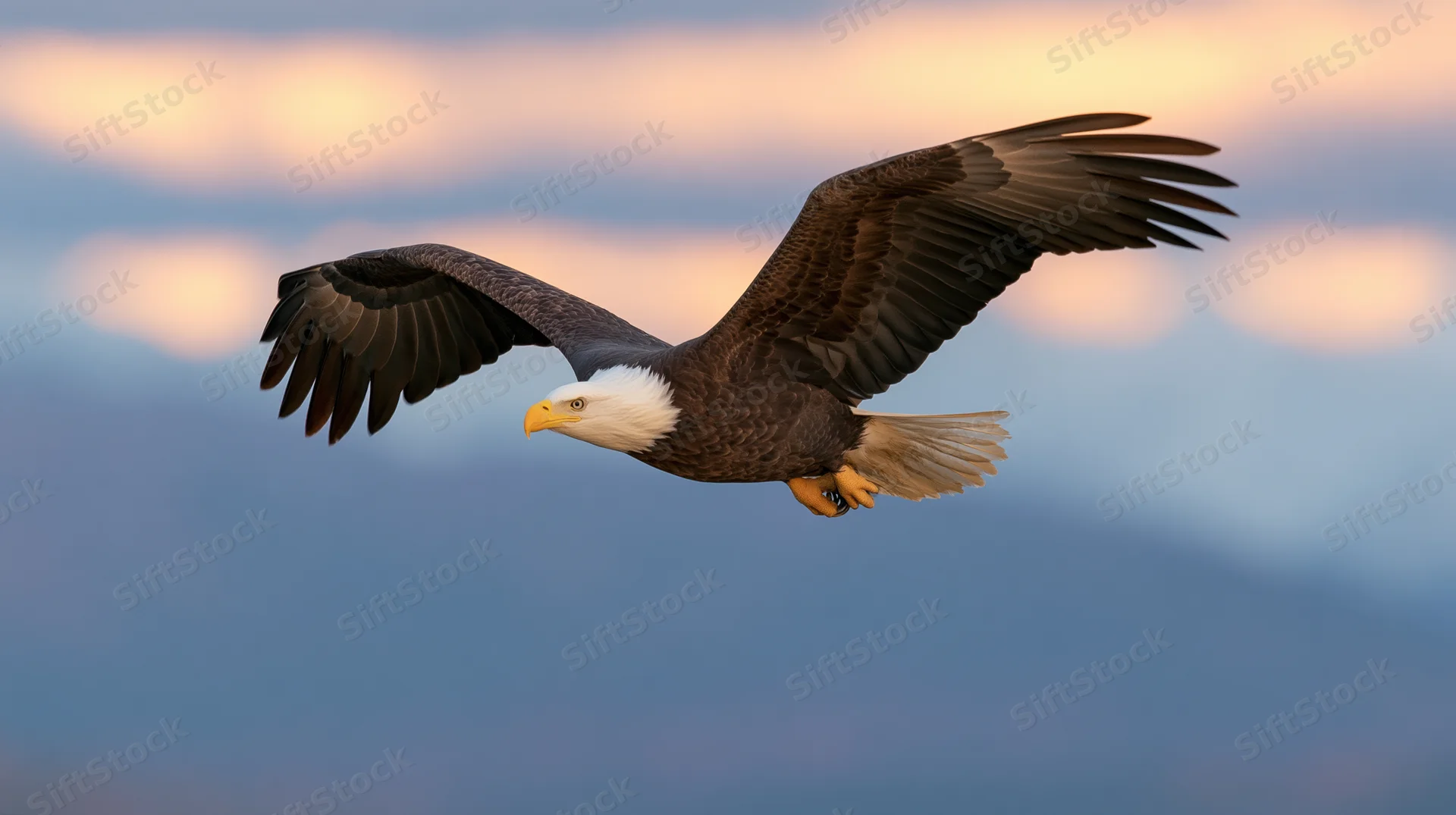 Bald eagle in mid-flight with wings fully spread against a dusky sky