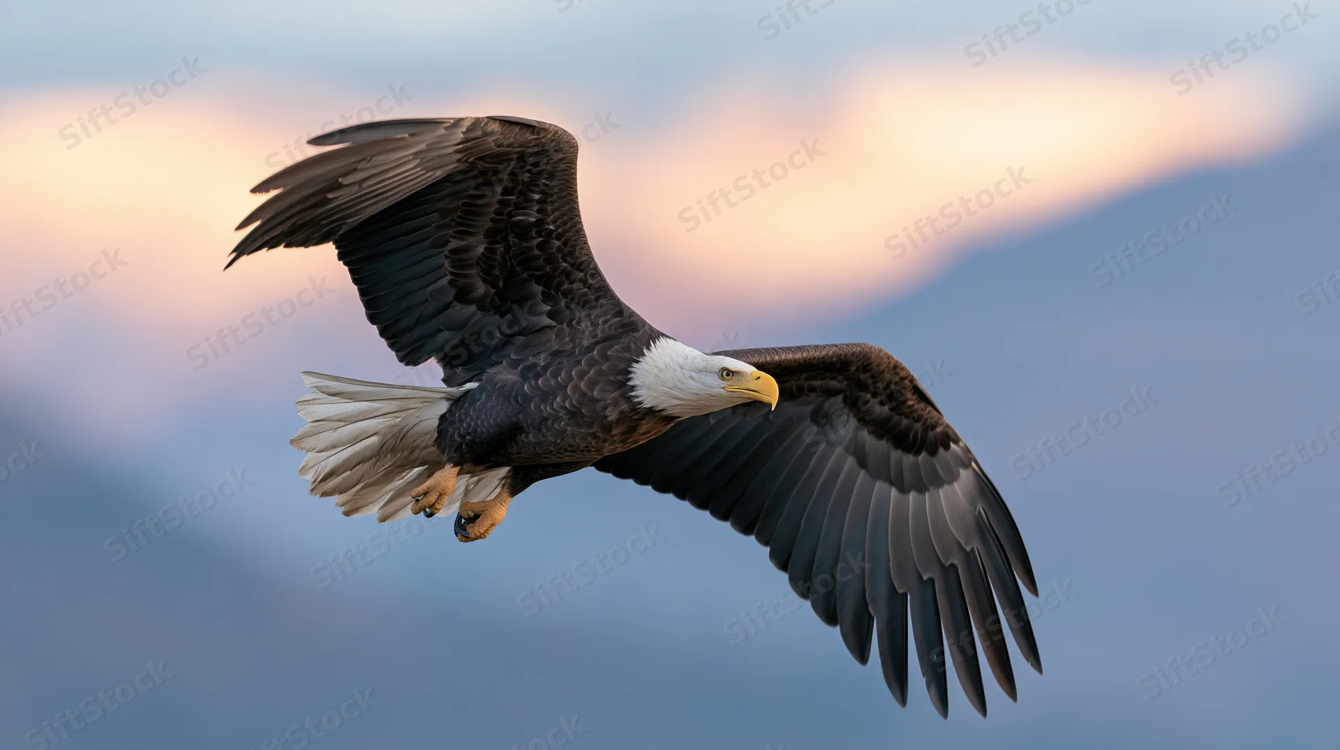 Bald eagle in mid-flight with wings fully spread against a mountainous sky at dusk